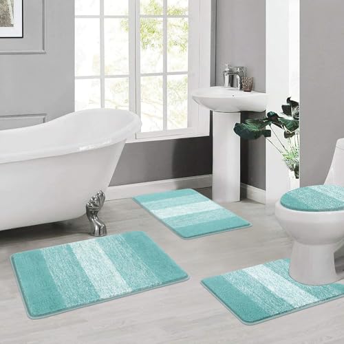 Bsmathom Bathroom Rugs Sets 4 Piece, Soft Absorbent Microfiber Bath Rugs with U-Shaped Contour Toilet Rug and Toilet Lid Cover, Thick Non-Slip Plush Shaggy Bath Mat Set,Teal - color: Teal, size: 18"x26"+18"x48"+U20"x24"+Cover19"x21"