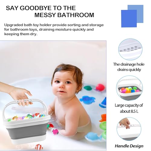 Bath Toy Storage Organizer - Foldable Bath Toy Holder for Bathtub, Bathtub Toy Storage with Removable Drying Base, Bathroom Toy Storage with 2 Hooks