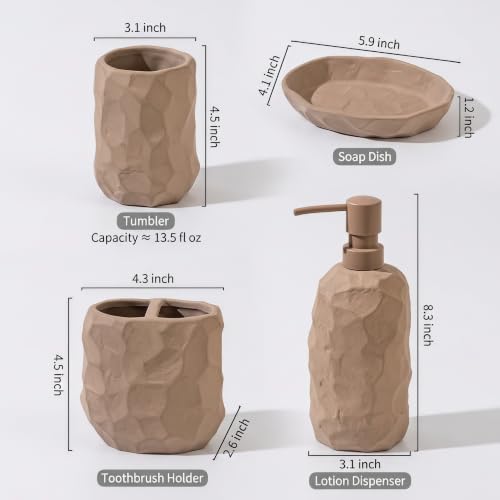 RQYIXI 4 Pcs Ceramic Bathroom Accessories Set,Matte Earth-Tone,Wabi-Sabi | Unglazed Sand Stoneware Boho Bathroom set includes: Soap Dispenser,Toothbrush Holder,Tumbler,Soap Dish - color: Engobe-4pcs