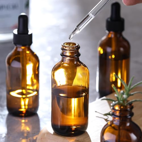 4 Pack, 2 oz Bottles with Dropper & 1 Funnel & 4 Labels - Essential Oils Bottles for Health, Personal Care & Beauty - 60ml Thick Dark Amber Glass Tincture Bottles, Refillable Cosmetic Containers - color: Amber