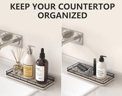 Bathroom Tray for Counter Top Organizer, Ash Wood Vanity Tray | Metal Frame for Dresser, Kitchen & Nightstand, Black & Whitewashed Decorative Storage - color: Black & Whitewashed, size: 11" x 4.5" x 1.5"