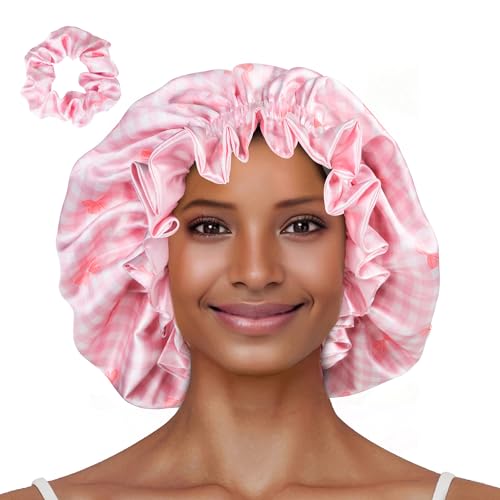 Floral Satin Bonnet with Scrunchie Set,Double Layer Ruffle Reusable Sleeping Shower Cap for Curly Hair Pink-bow - color: Pink-bow