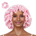 Floral Satin Bonnet with Scrunchie Set,Double Layer Ruffle Reusable Sleeping Shower Cap for Curly Hair Pink-bow - color: Pink-bow