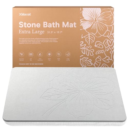 XMarrat Extra Large Stone Bath Mat Large, 31.5'' x 19.7'' Diatomaceous Earth Non-Slip Stone Shower Mat, Super Absorbent Diatomite Stone Mats for Bathroom, Quick Drying, Easy to Clean (Light Gray) - color: Light Grey F1, size: 31.5" x 19.7" (Rectangular)