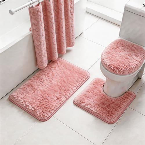 Shaggy Bathroom Rugs Sets 3Piece Bath Mat for Bathrom Non-Slip Bathrom Mats Water Absorbent Bath Rug Floor Mats Soft Washable Shower Rug with U-Shaped Contour Rug Toilet Lid Cover Light Pink - color: Light Pink