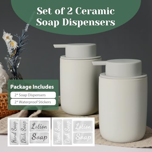 INGOFIN Ceramic Lotion Soap Dispenser Set, 2 Pack (12 oz) Bathroom Hand Soap Dispenser with Pump, Liquid Hand and Dish Soap Dispenser Set, 8 Pcs Clear Stickers,for Kitchen, Bathroom- Grey - color: Grey-liquid
