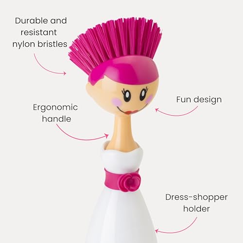 Vigar Dolls April Dish Brush with Ergonomic Handle and Dres-shaped Storage Holder - Scrub Brush for Pans, Pots, Kitchen Sink Cleaning, White, Pink - color: White, Pink