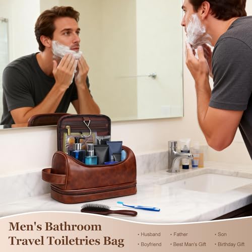 Personalized Gifts Travel Toiletry Bag for Men Him, Laser-Engraved Initial PU Leather Waterproof Shaving Bag Christmas Birthday Gift for Men Dad Husband Boyfriend Groomsmen(L) - style: L