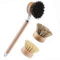 Bamboo Dish Brush with Handle, 1 Sturdy Wooden Handle with 3 Natural Bristle Heads, Horsehair, Sisal, Palm - All Purpose Kitchen Scrubber, Bamboo Wok Brush, Fruit and Veggie Scrubber