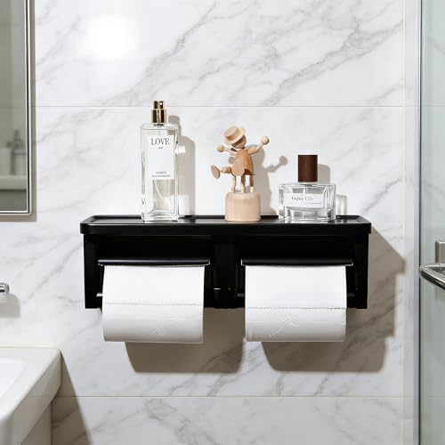 Matte Black Double Toilet Paper Holder with Shelf - Toilet Paper Cutting Function, Toilet Paper Holder Wall Mounted for Bathroom Washroom - color: Abs Black&black, size: Full