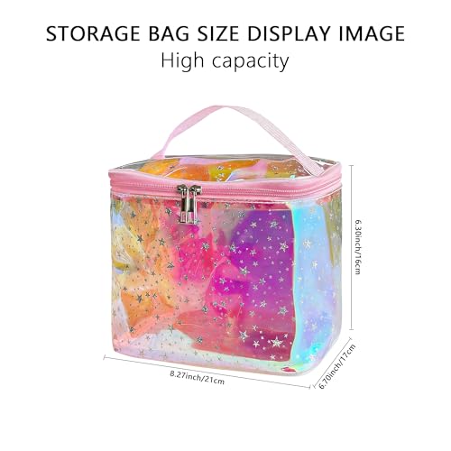 Holographic Star Print Pink Makeup Bag - Portable & Waterproof Barrel-Shaped Toiletry Bag, 8.27x6.7x6.3in Cosmetic Case for Women & Men (Red Star) - color: Holographic pink