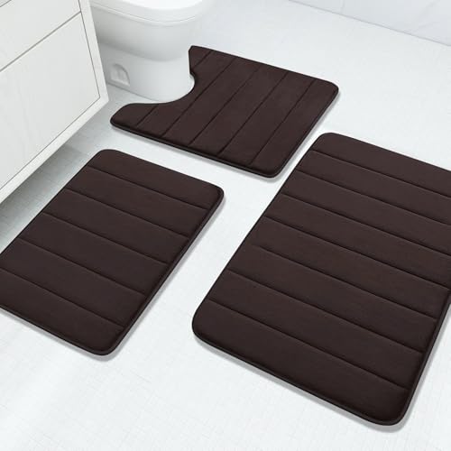 Buganda Memory Foam 3 Pieces Bathroom Rugs Set - Thick Soft Absorbent Bath Mats, Washable Small/Large/Contour Bath Rugs (24" x 16" + 30" x 20" + 24" x 20", Coffee) - color: Coffee, size: 24" X 16" + 30" X 20" + 24" X 20"