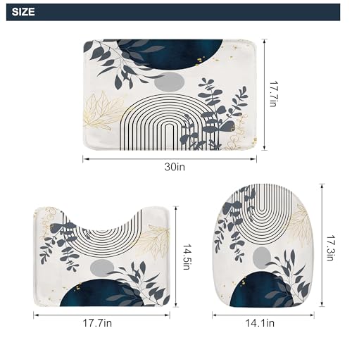 Riyidecor Mid Century Boho 4Pcs Shower Curtain Set with Toilet Lid Cover and Non-Slip Rugs,Modern Minimalist Navy Blue Bathroom Decor Set，Abstract Contour and Bath Mat with 12 Hooks - color: 01navy Blue