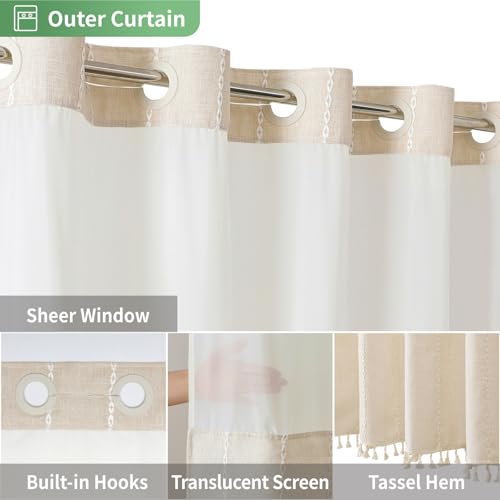 eachope Boho Farmhouse No Hook Shower Curtain Set with Snap-in Fabric Liner,Heavy-Duty Linen Textured Rustic Striped Design,Water-Repellent with Tassels and Sheer Window,Cream/Beige,71x74 - color: Cream, size: 71"W x 74"L (Pack of 1)
