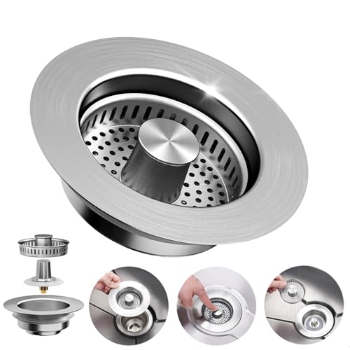 3-in-1 Kitchen Sink Drain Strainer - Pop Up Sink Stopper, Stainless Steel Sink Drain Strainer, Kitchen Sink Stopper & Drain Plug with Anti-Clogging Basket,Sink Strainer Fits US Standard 3-1/2'' Drains - color: Sus304 Brushed 1pack