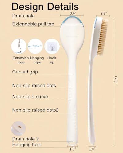BUBBLEDANCE® Natural Boar Bristle Back Scrubber – 4X Scrubbing Power, Extendable Long Handle (17.5"-31.9") for Deep Exfoliation & Dry Brushing – 1.3X Wider Head, Anti-Slip Shower Brush for Men & Women