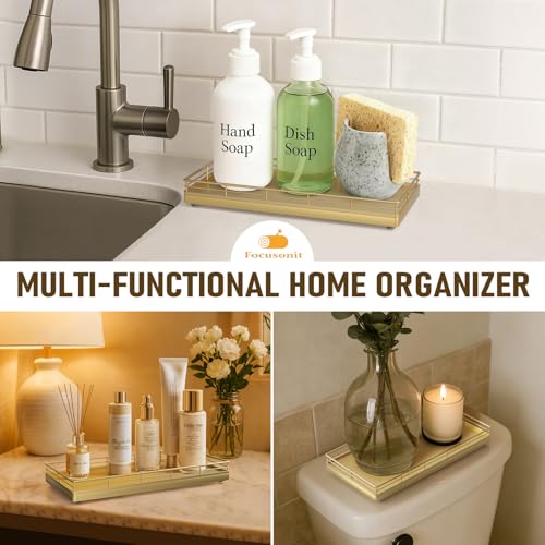 Bathroom Vanity Tray for Countertop, 12" x 6" Oak Wood Toilet Tank Tray | Metal Guardrail, Bathroom Organizer for Soap, Perfume & Skincare, Non-Slip Decorative Tray for Dresser & Vanity, Gold - color: All Golden, size: 12" x 6" x 1.5"