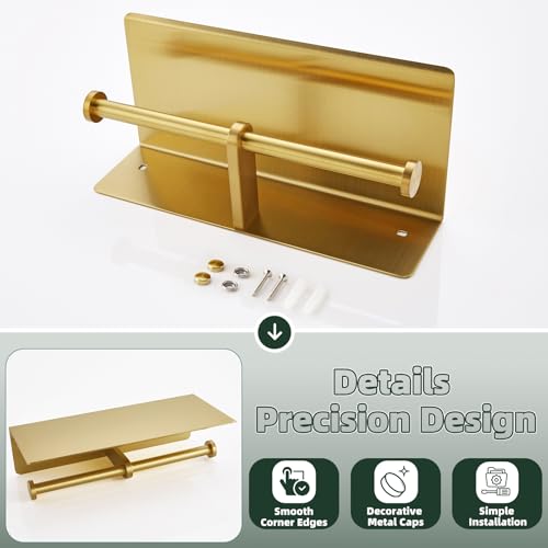 APLusee Brushed Gold Double Toilet Paper Holder with Shelf, Heavy Duty 304 Stainless Steel Tissue Roll Holder, Commercial Paper Dispenser Wall Mounted - color: Brushed Gold, size: Double Rod