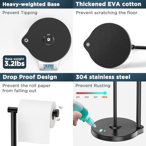 theaoo Heavy-Duty Toilet Paper Holder Stand – Modern Freestanding Bathroom Toilet Tissue Paper Roll Holder with Reserve & Storage, Stainless Steel (Black, Free Standing) - color: Black