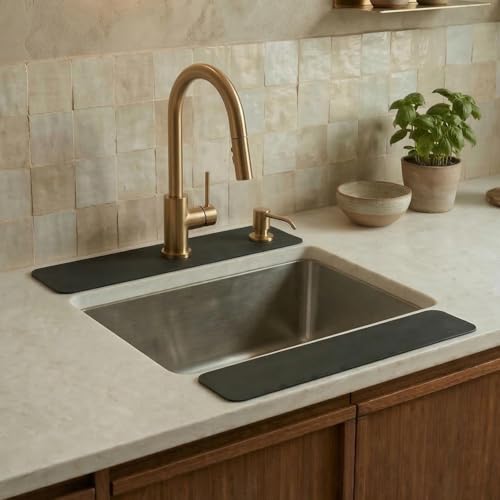 Customizable Kitchen Sink Faucet Mat: 24" Lx4 W Absorbent Splash Guard | 2PCS Non-slip Fabric Rubber Mat, Cut to Fit Oval Rectangle Square Faucet & 2,3,4 Holes Irregular Sink with Soap Dispenser - size: 24"Lx4"W-2PCS