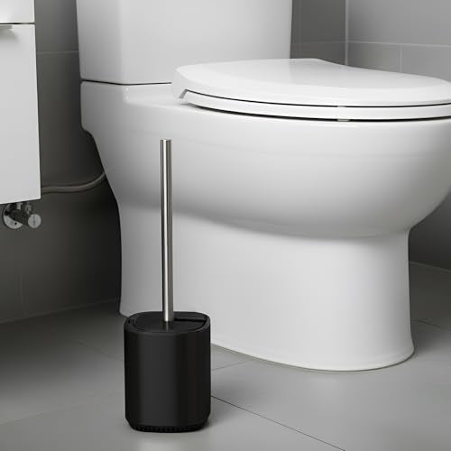 Toilet Bowl Brush and Holder, Toilet Brush with Stainless Steel Handle and Durable Bristles for Bathroom Cleaning, Automatic Closing Holder Set (Black) - color: Black