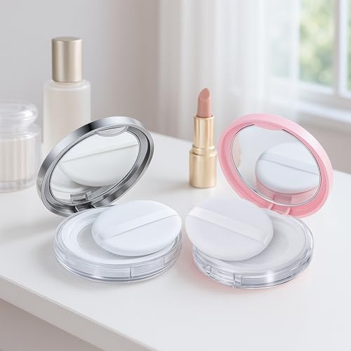 2-Pack Refillable Loose Powder Container with Puff & Mirror - 0.17 oz | Tokusatsu Travel Portable Empty Makeup Compact with Mesh for Women Girls (Pink, Silver) - color: Pink, Silver