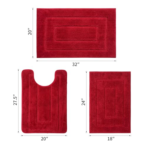 Bathroom Rugs Sets 3 Piece, with 20" x 28" U-Shaped Toilet Rug, Ultra Absorbent and Super Soft Touch, Non-Slip, Microfiber Plush,Rectangular Pattern, Quick Dry Bath Mats for Bathroom, Tub, Bedroom - color: Dark Red