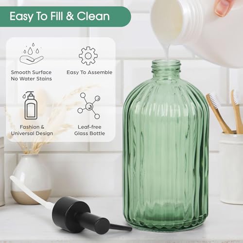 Topsky 2 Pack Glass Soap Dispenser with Plastic Pump, 400ml Liquid Hand Soap Dispenser, Rustproof Pump for Kitchen & Bathroom, Great for Lotions, Essential Oil, Liquid Soaps,Army Green - color: Stripe-green, size: Plastic Pump