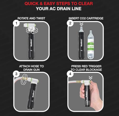 RedRock Gallo Drain Gun AC Drain Line Cleaner Tool, HVAC Air Conditioner Condensate Blaster Cleaning Kit with Flexible Hose Pipe, Includes 5 Unthreaded CO2 Cartridges, 20 Grams - color: Green
