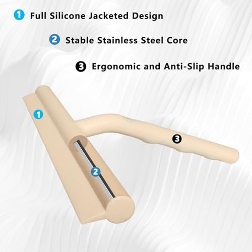 Shower Squeegee for Glass Doors, Full Silicone Jacketed Squeegee with Ergonomic Handle & No-Drill Hook, Cleaning Tool for Windows, Mirrors, Tiles, Bathroom & Car - Beige - color: Beige, size: without loop