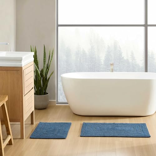 Eddie Bauer - Bathroom Rug, 100% Soft Plush Tufted Cotton Bath Rug, Highly Absorbent, Quick-Dry, and Skid-Resistant Backing (Logan Indigo Blue, 2 Piece) - color: Indigo Blue, style: 2 Piece