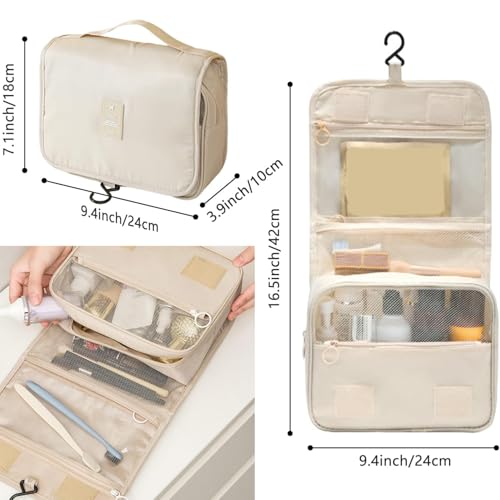 Makeup Bag,Large Capacity Make Up Bag for Women Men,Open Flat Travel Cosmetic Bag Organizer Toiletry Bag with Compartments(Beige)
