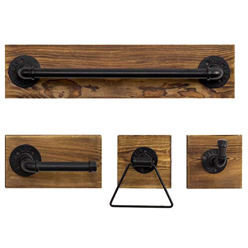 MyGift 4-Piece Bathroom Hardware Set Toilet Paper Holder with Burnt Wood and Industrial Matte Black Metal Pipe Includes, Towel Ring, Towel Bar and and Robe Hook - color: Burnt Wood