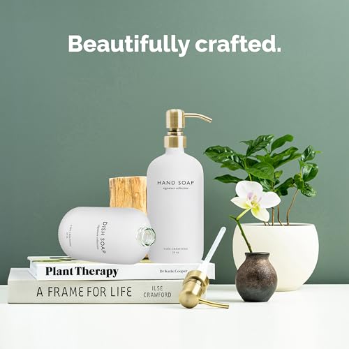 Vine Creations White Glass Soap Dispenser Set, Dish Soap and Hand Soap Dispenser Set with Stainless Steel Pump, 16 oz Glass Dispensers for Kitchen or Bathroom Decor (Matte White Bottle/Brushed Brass) - color: White Bottle / Brushed Brass Pump