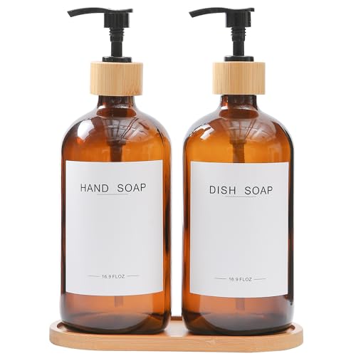 Amber Glass Soap Dispenser with Bamboo Pumps&Tray&Labels, Hand Dispenser, Lotion Dispenser, Dish Soap Dispenser for Kitchen Sink. (Amber) - color: Amber
