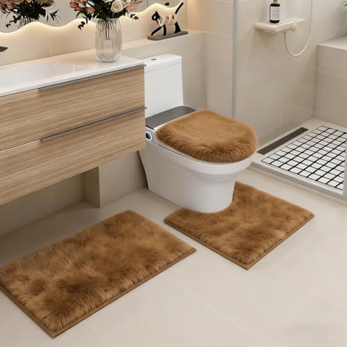 RUN HELIX Shaggy Bathroom Rugs Sets 3Piece Bath Mat for Bathrom Non-Slip Bathrom Mats Water Absorbent Bath Rug Floor Mats Soft Washable Shower Rug with U-Shaped Contour Rug Toilet Lid Cover Brown - color: Brown