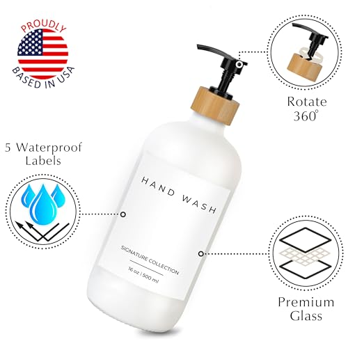 Emerson Glass Soap Dispenser Set - 16 Oz, 2-Pack with Pump and Labels for Kitchen and Bathroom - color: 01 – White / Bamboo Black