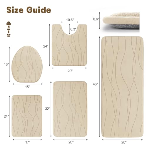 YIHOUSE Bathroom Rugs Set 5 Piece, Memory Foam Bath Mat Khaki | Ultra Soft, Absorbent, Non-Slip, Machine Washable, for Bathroom, Sink and Toilet - color: Khaki, size: 3'10" x 1'8" (Rectangular)