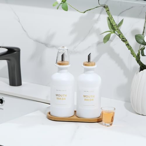 11.8OZ Mouthwash Dispenser for Bathroom with Bamboo & Stainless Steel Pour Spout, Mouthwash Cups Reusable, Bamboo Tray, and Elegant Gold Label. Set of 2（White - color: White/350*2
