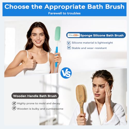 KkaFFeKkaFFe Shower Back Brush With Long Handle, 15.35" Body Brush, Back Scrubber for Men Women, Handled Sponge Body Exfoliator, Loofah Scrubber for Aid Bathing - size: Blue+Green Handle