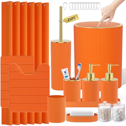 Orange Bathroom Accessories Set - Bathroom Sets, 25PC Bath Accessory Set, Bathroom Sets with Push Top Trash Can, Shower Curtain and Rugs, Toilet Brush, Trash Can & Soap Dispenser - color: Orange & Gold, size: 25-Piece Set (Accessories + Shower Curtain + R