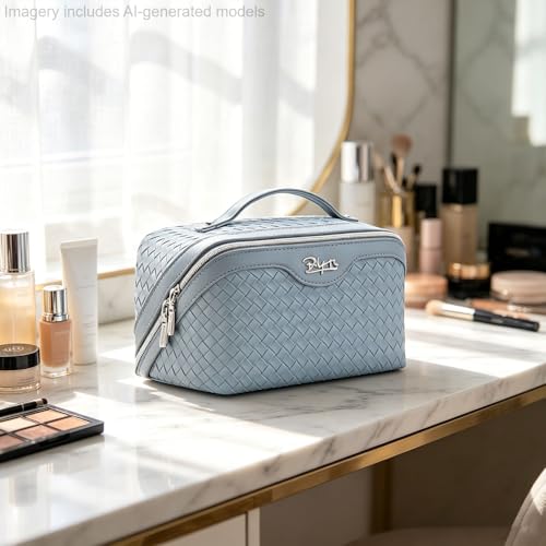 BOYATU Travel Makeup Bag Cosmetic Bags for Women: Large Capacity 3 Pcs Set Make up Bag with Compartments - Waterproof Vegan Leather Toiletry Organizer Bags with Handle (L04 Light Blue) - color: L04 Light Blue