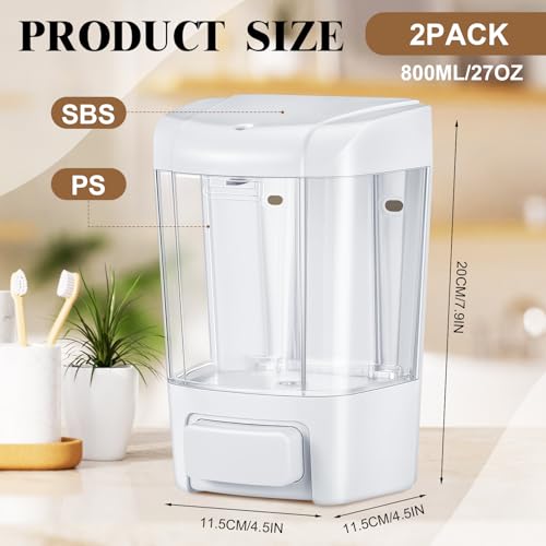 Hushee 2 Pcs Commercial Soap Dispenser Hand Wall Mounted Bathroom 27oz/800ml Manual Soap Dispenser Liquid Containers with Pump White Shower Plastic Wash Wall Containers Shampoo Gel for Kitchen Hotel - color: White, size: 27 oz 800 ml