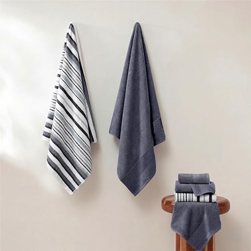 Modern Threads Pax 6-Piece Reversible Yarn Dyed Jacquard Towel Set - Bath Towels, Hand Towels, & Washcloths - Super Absorbent & Quick Dry - 100% Combed Cotton, Denim - color: Blue, style: Wide Stripe