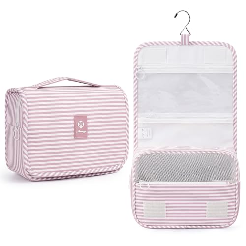 Narwey Small Hanging Toiletry Bag for Travel Women Girl, Striped Toiletries Travel Bag with Hook, Hanging Makeup Bag Organizer Make Up Cosmetic Bags, Gifts for Kids Teen (Dusty Pink Stripe) - color: Y-Dusty Pink Stripe