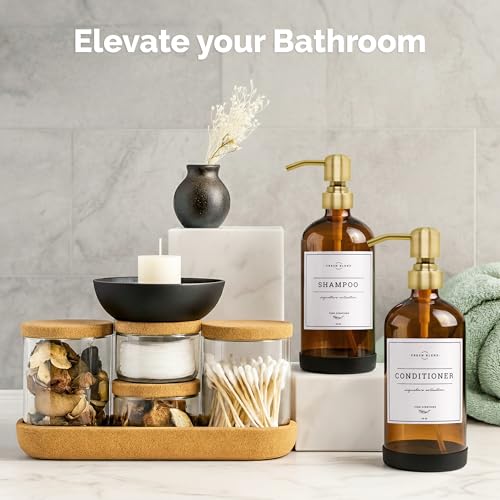 Vine Creations Amber Glass Soap Dispenser, 2 Pack Kitchen Soap Dispenser Set with Stainless Steel Pump, 16 oz Hand Soap and Dish Soap Dispensers for Kitchen or Bathroom with Waterproof Labels - color: Amber Bottle / Brushed Gold Pump