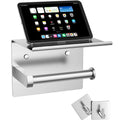Tindbea Mega Size Toilet Paper Holder with Shelf + Towel Robe Hooks, Adhesive or Screw Wall Mounted Toilet Paper Roll Holder, Stainless Steel Bathroom Hardware Set (Brushed Nickel) - color: Brushed Nickel, size: Large