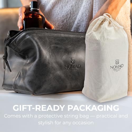 NomadCraftsCo. Premium Leather Travel Toiletry Bag for Men and Women, King-Size Dopp Kit with Waterproof Lining, Mens Toiletry Travel Bag - color: Charcoal Grey