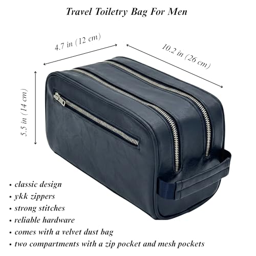 Toiletry Bag For Men, Premium PU Leather Travel Kit, Metal Zippers & Bottom Studs, Velvet Dust Bag & Shape-Retention Packaging – Gift Ready For Groomsmen, Anniversary, Birthday Gifts/ NAVY BLUE - color: NAVY BLUE