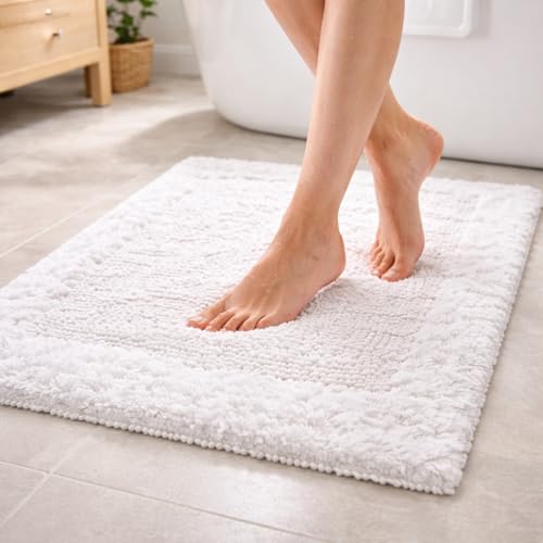 Savi Home Bath Mat Rug 17"x24" White, 100% Pure Cotton, Super Soft Bath Rugs, Plush & Absorbent, Hand Tufted Heavy Weight Construction, Full Reversible Step Out Rugs - color: White, size: 1'5" x 2' (Rectangular)